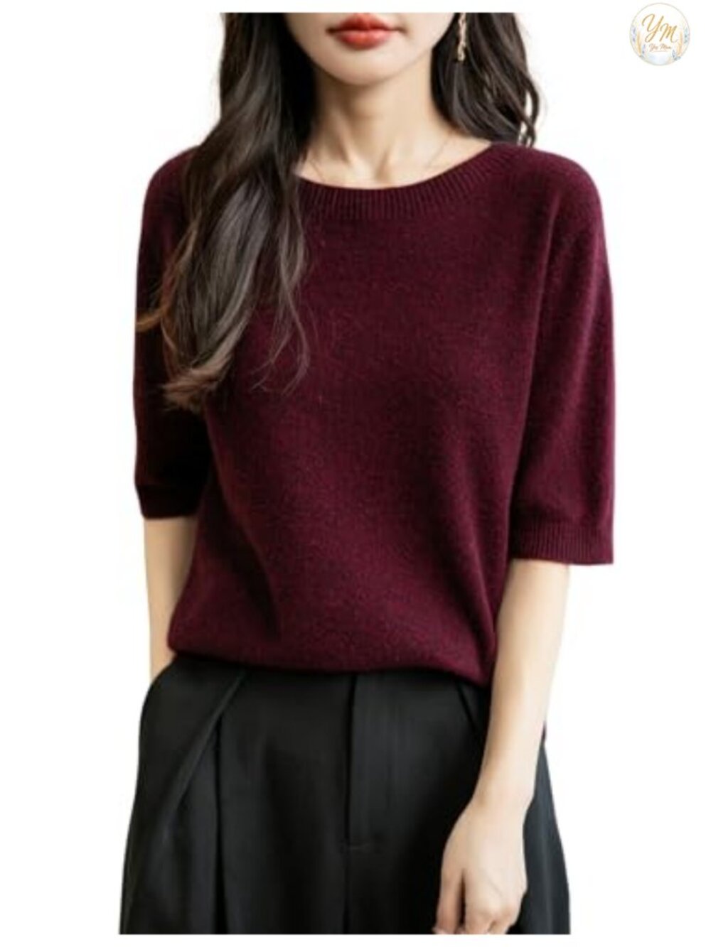 100% Merino Wool Seamless Knit Crewneck Short Sleeve Sweater Women's